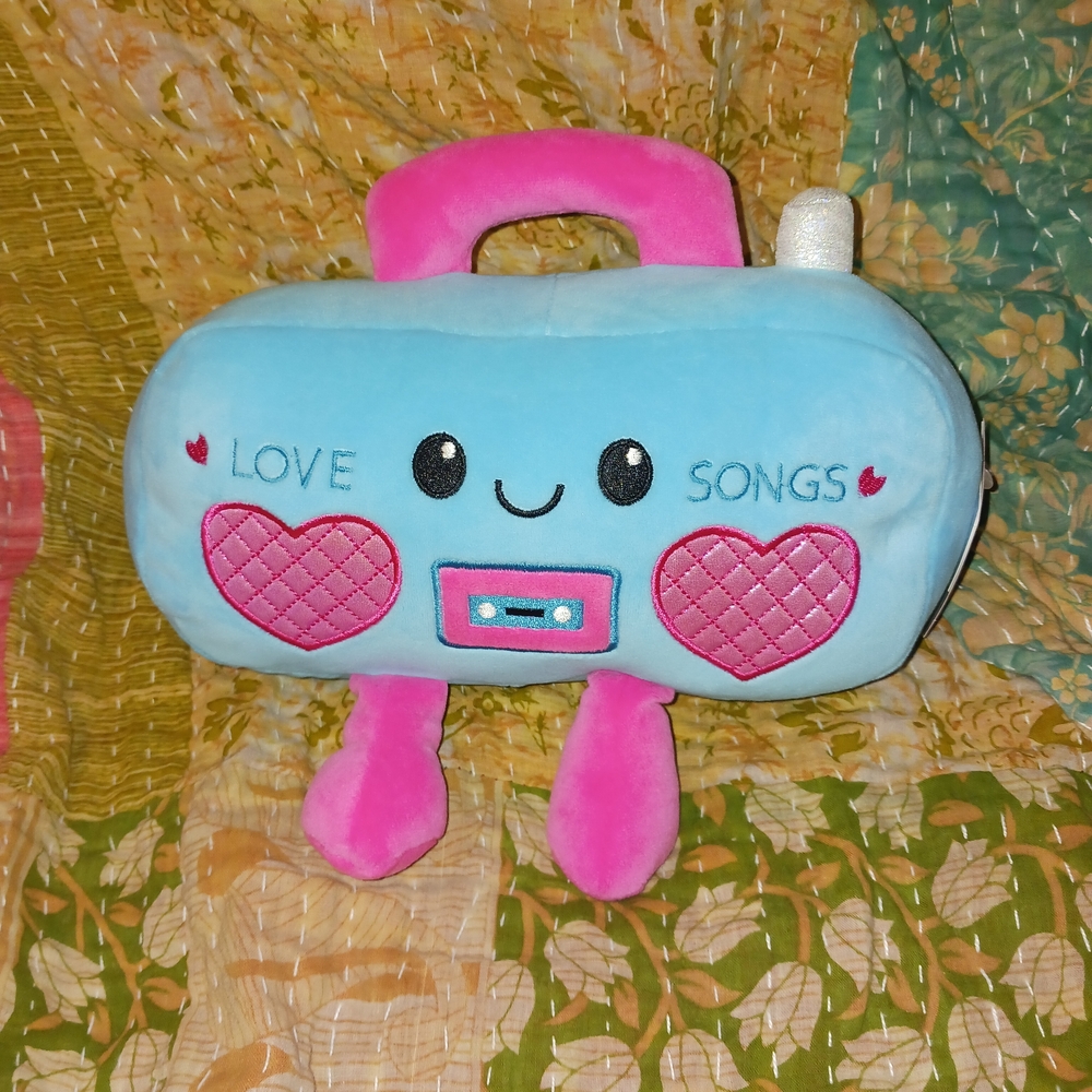 Retro 80s Kawaii Blue & Pink 'Love Songs' Plush Boombox Stuffed Animal Decor